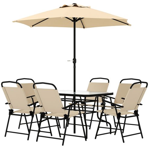Outsunny 8 Pieces Dining Set with Parasol 6 Folding Texteline Chairs and Tempere Glass Table Beige