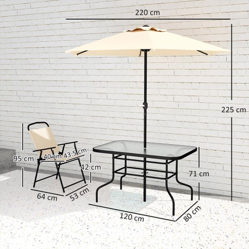 Outsunny 8 Pieces Dining Set with Parasol 6 Folding Texteline Chairs and Tempere Glass Table Beige