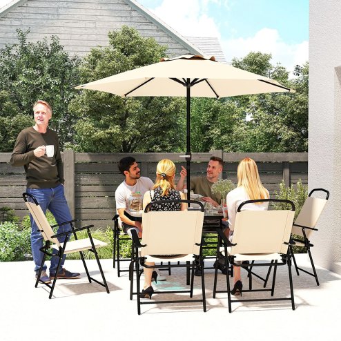 Outsunny 8 Pieces Dining Set with Parasol 6 Folding Texteline Chairs and Tempere Glass Table Beige