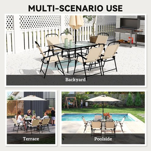 Outsunny 8 Pieces Dining Set with Parasol 6 Folding Texteline Chairs and Tempere Glass Table Beige