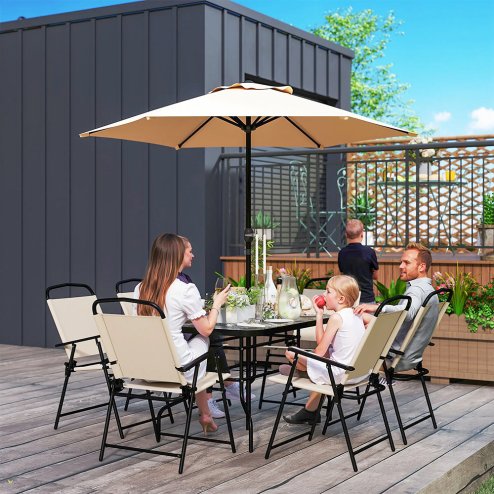 Outsunny 8 Pieces Dining Set with Parasol 6 Folding Texteline Chairs and Tempere Glass Table Beige