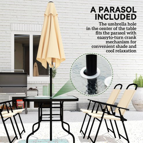Outsunny 8 Pieces Dining Set with Parasol 6 Folding Texteline Chairs and Tempere Glass Table Beige
