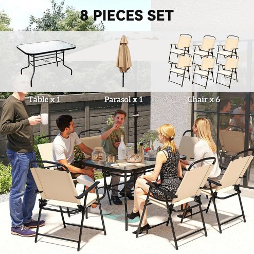 Outsunny 8 Pieces Dining Set with Parasol 6 Folding Texteline Chairs and Tempere Glass Table Beige