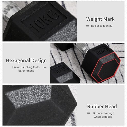HOMCOM Rubber Dumbbell Sports Hex Weights Sets Home Gym Fitness Hexagonal Dumbbells Kit Weight Lifting Exercise (2 x 10kg)