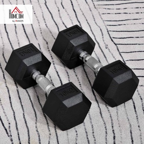 HOMCOM Rubber Dumbbell Sports Hex Weights Sets Home Gym Fitness Hexagonal Dumbbells Kit Weight Lifting Exercise (2 x 10kg)
