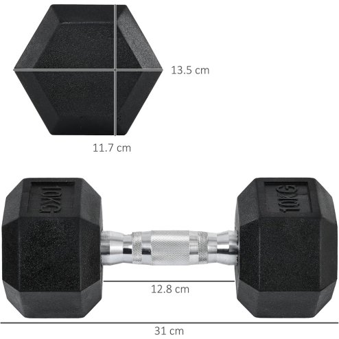 HOMCOM Rubber Dumbbell Sports Hex Weights Sets Home Gym Fitness Hexagonal Dumbbells Kit Weight Lifting Exercise (2 x 10kg)