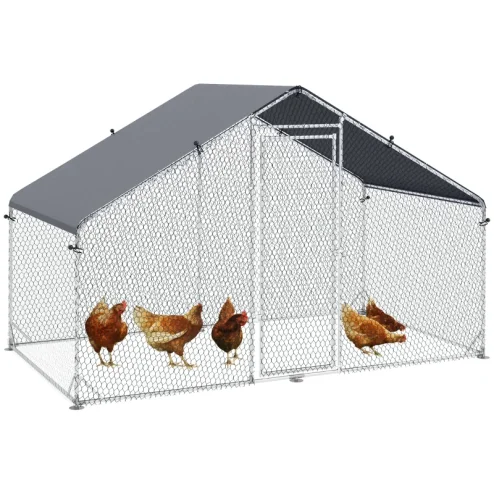 PawHut Walk In Chicken Run Galvanized Chicken Coop Hen Poultry House Cage Rabbit Hutch Pet Playpen Backyard With Water-Resist Cover, 3 x 2 x 2m