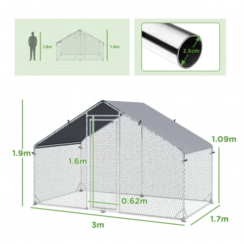 PawHut Walk In Chicken Run Galvanized Chicken Coop Hen Poultry House Cage Rabbit Hutch Pet Playpen Backyard With Water-Resist Cover, 3 x 2 x 2m