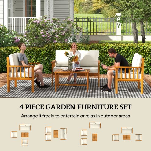 Outsunny 4 Piece Garden Furniture Set, 4 Seater Acacia Wood Patio Conversation Set with 2 Chairs, Loveseat, Thick Cushions and Coffee Table, Slat Design, Teak