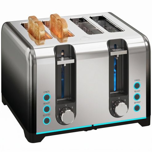 HOMCOM 4 Slice Toaster with 7 Browning Levels, Reheat, Defrost and Cancel Functions, Self-Centring Slots, Auto Shut-Off, Removable Crumb Tray, 1860W, Black