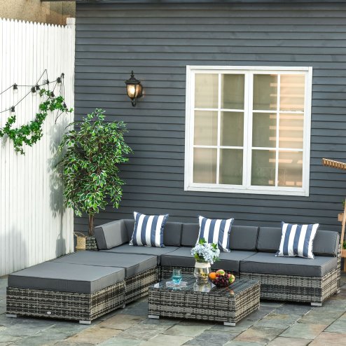 Outsunny 6 Pieces Rattan Garden Furniture Set, 5 Seater Garden Sofa Set with Thickened Cushions, Glass Top Coffee Table and Ottomans, Outdoor Sectional Conservatory Furniture with Pillows, Grey