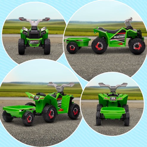 HOMCOM Electric Quad Bike, 6V Kids Ride On All Terrain Vehicle with Back Trailer for Ages 18-36 Months - Green