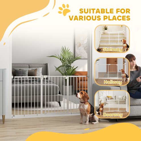 PawHut Dog Gate Stair Gate Pressure Fit Pets Barrier Auto Close for Doorway Hallway, 74-148cm Wide Adjustable, White