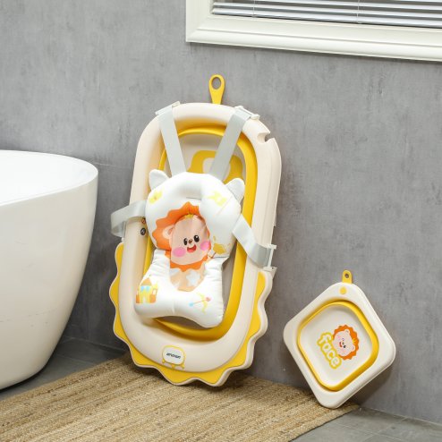 AIYAPLAY Portable Baby Bathtub Set, Foldable Baby Bath Tub with Support Cushion Pad, Wash Basin, Non-Slip Stand and Bottom, for Infants, Yellow