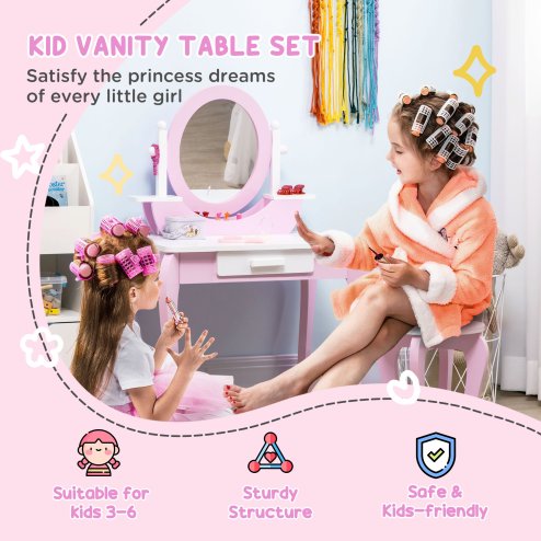 ZONEKIZ Kids Dressing Table, Kids Vanity Set, Girl Makeup Desk w/ Mirror, Stool, Drawer, for Ages 3-6 Years - Pink