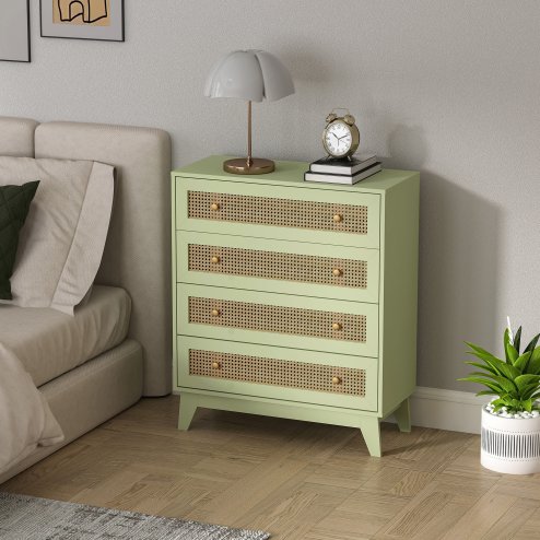 HOMCOM Chest of Drawers, 4-Drawer Storage Organiser Unit with Rattan Element for Bedroom, Living Room, Light Green