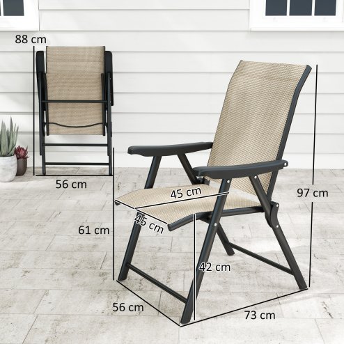Outsunny Set of 2 Folding Chair, Garden Chair Set with Breathable Mesh Back and Seat, Outdoor Camping Chairs with Armrests, Steel Frame for Deck Balcony, Brown