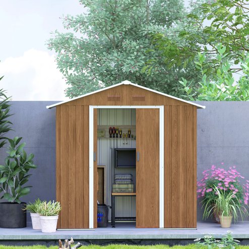 Outsunny 6.5 x 3.5ft Metal Garden Shed, Outdoor Storage Shed for Tool Organization with Double Sliding Doors and 4 Vents for Garden, Patio, Brown Wood Effect