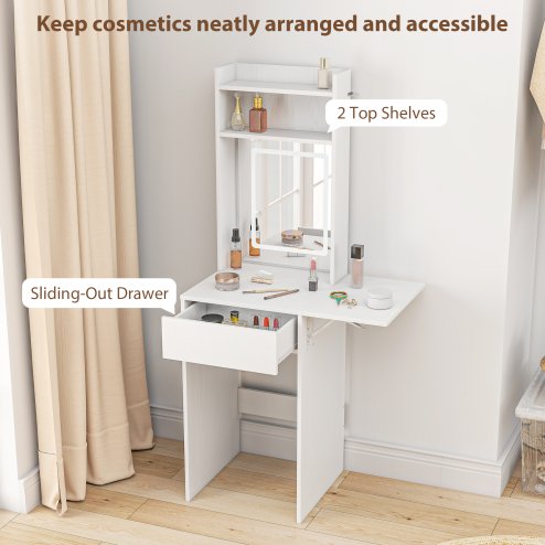 HOMCOM Small Dressing Table with Mirror and Adjustable LED Lights, Modern Vanity Desk with Drop Leaf, Open Shelves and Drawer, Compact Makeup Table for Small Spaces, Bedroom, White
