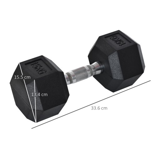 HOMCOM 15KG Single Rubber Hex Dumbbell Portable Hand Weights Dumbbell for Home Gym Workout Fitness