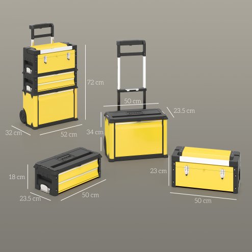 HOMCOM 3-in-1 Rolling Tool Box, Stackable, Modular Powder Coated Steel Toolbox with Tray, Handles, Latches, Wheels, Heavy Duty Tool Storage System for Workshop, Garage, 520mm x 320mm x 720mm, Yellow