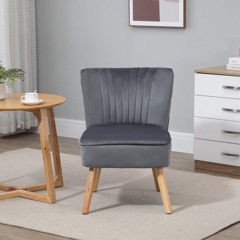 HOMCOM Velvet Accent Chair Occasional Tub Seat Padding Curved Back with Wood Frame Legs Home Furniture Grey