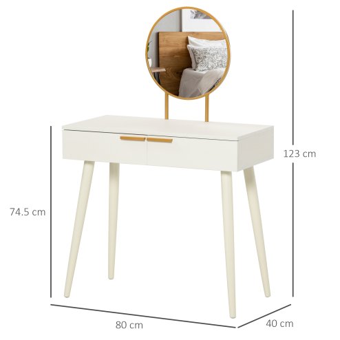 HOMCOM Modern Dressing Table with Round Mirror, Makeup Vanity Table with 2 Drawers for Bedroom, Living Room, 80 x 40 x 123 cm, White