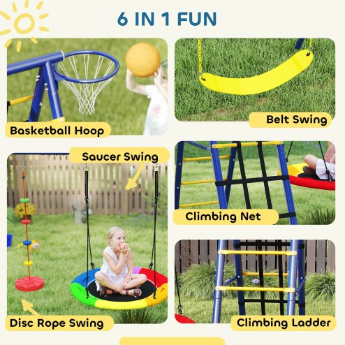 AIYAPLAY 6 in 1 Kids Swing Set, Metal Swing with 3 Swings, Basketball Hoop, Climbing Ladder and Net, Heavy Duty A-Frame Garden Swing Kids Outdoor Children Playground for Ages 3-8