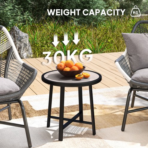Outsunny Round Small Garden Table, 50.5cm Outdoor Side Table with SPC Tabletop, Metal Frame and Anti-slip Foot Pads for Garden, Balcony, Grey Wood Effect