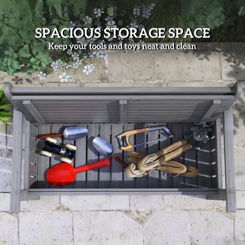 Outsunny Wood Garden Bench 2 Seater Storage Chest Patio Seating Chair with High Back and Armrest, Charcoal Grey