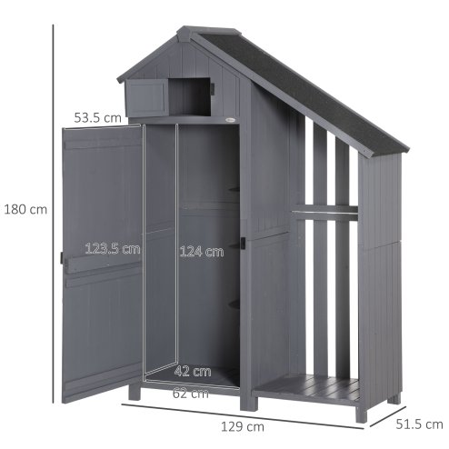 Outsunny Wooden Garden Storage Shed with 3 Shelves, Outdoor Garden Tool Storage Cabinet with Tilt Roof, Firewood Rack Log Carrier, 129 x 51.5 x 180cm, Grey