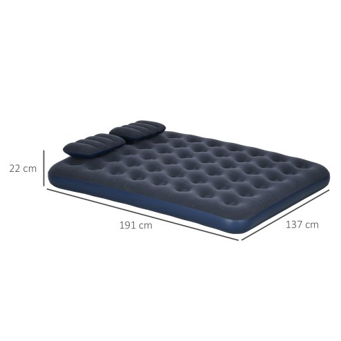 Outsunny Double Air Bed with 2 Pillows, Hand Pump, Inflatable Mattress with Flocked Surface for Guest, Camping, Travel, 191 x 137 x 22cm