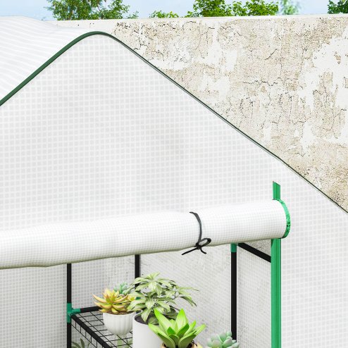 Outsunny Walk-in Greenhouse with 3 Tier 8 Shelves, Small Greenhouse with Reinforced PE Cover, Garden Plant Growhouse with Roll-up Door and Three Mesh Windows, 140 x 143 x 190 cm, White