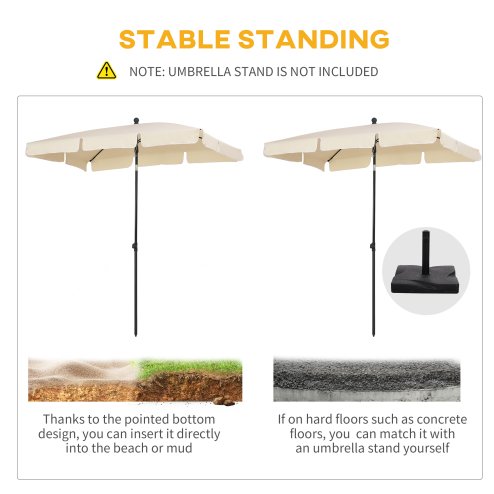Outsunny 2 x 1.3m Garden Parasol Umbrella, Outdoor Market Table Umbrella with Ruffles & Aluminium Pole, Rectangular Tilting Parasol Sun Shade Canopy, Beige