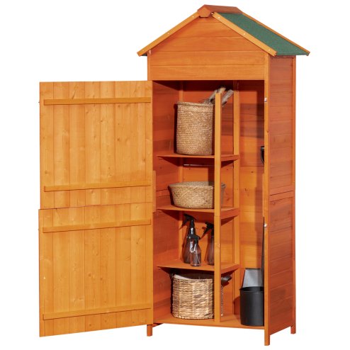 Outsunny Wooden Outdoor Storage Shed, Compact Utility Outdoor Tool Shed with Lockable Double Doors and Shelves, Orange