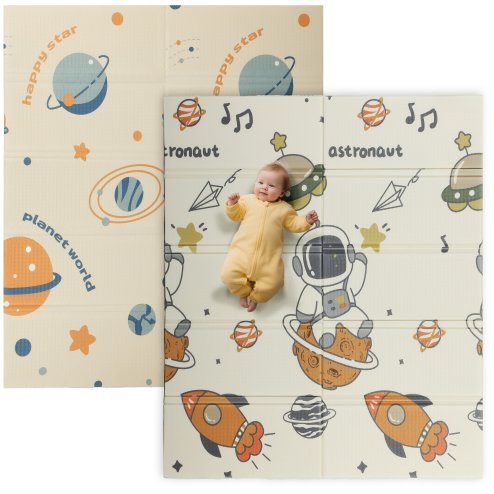 AIYAPLAY Baby Play Mat Double Sided, Foldable & Reversible Activity Playmat, Waterproof Kids Foam Crawling Mat for Outdoor Indoor Playtime Picnics, 177 x 146 x 1.5cm, Astronaut & Planet Theme