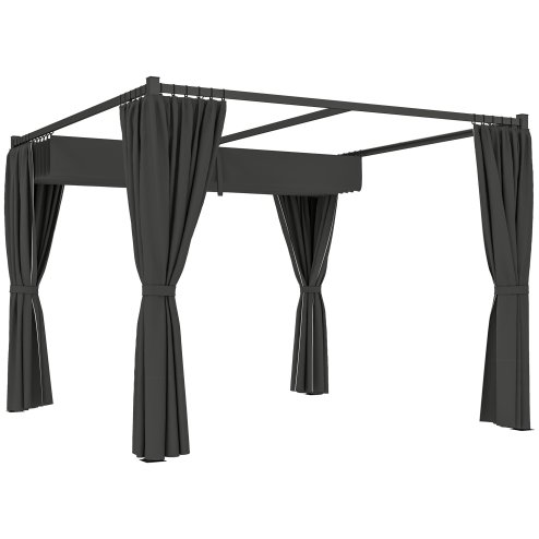 Outsunny 3 x 3(m) Pergola with Retractable Roof Canopy and Curtains, Metal Frame Garden Gazebo Outdoor Sun Shade Shelter for Grill, Patio, Deck, Charcoal Grey