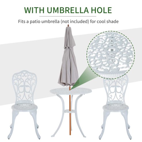 Outsunny 3 Pieces Antique Garden Bistro Set for 2, Cast Aluminium Garden Furniture Set with Umbrella Hole for Balcony, Porch, Patio, White