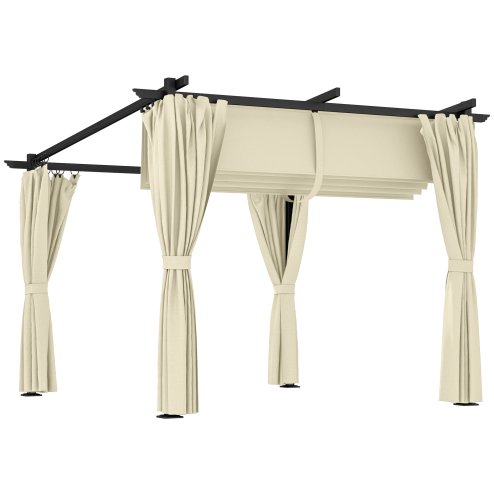 Outsunny 3 x 3(m) Metal Pergola with Retractable Roof and Sidewalls, Garden Gazebo UPF30+ Sun Shade Shelter for Outdoor, Patio, Deck, Beige