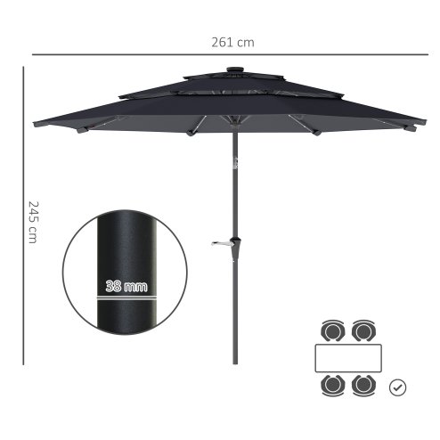 Outsunny 2.6 m Garden Parasol with Solar LED Lights, 3-Tier Patio Umbrella Outdoor with Tilt Mechanism & Crank Handle, UPF 30+, Table Umbrella for Market Terrace, Dark Grey