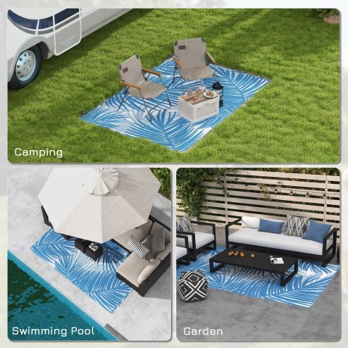 Outsunny Reversible Outdoor Rug with Carry Bag, Waterproof Plastic Straw Mat for Garden, Deck, RV, Picnic, Beach, Camping, 182 x 274cm, Blue and Cream