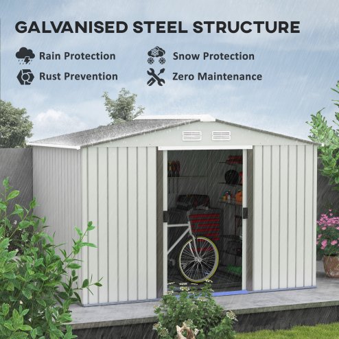 Outsunny 9 x 6ft Metal Garden Shed, Outdoor Storage Tool House with Ventilation Slots, Foundation Kit and Lockable Double Doors, Silver