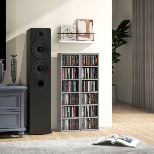 HOMCOM 204 CD Media Display Shelf Unit Set of 2 Blu-Ray Tower Rack w/ Adjustable Shelves Bookcase Storage Organiser, High Gloss Grey