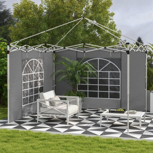 Outsunny Gazebo Side Panels with Windows and Doors, for 3x3(m) or 3x6m Pop Up Gazebo, 2 Pack Sides Replacement, Light Grey Image