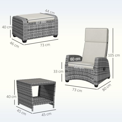 Outsunny 5 Pieces PE Rattan Garden Furniture Set, Wicker Outdoor Furniture Set with Reclining Chairs, Coffee Table, Footstools and Thick Cushions for Balcony, Patio, Grey