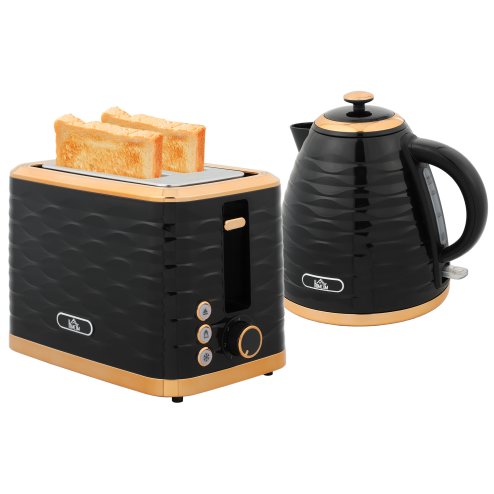 HOMCOM Kettle and Toaster Sets, 3000W 1.7L Rapid Boil Kettle & 2 Slice Toaster with 7 Browning Controls, Defrost, Reheat and Crumb Tray, UK Otter thermostat, Black Image