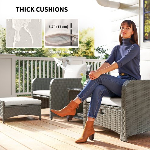 Outsunny 5 Piece Rattan Garden Furniture Set, Wicker Patio Conversation Set with 2 Chairs, 2-Tier Coffee Table, 2 Ottomans and Thick Cushions for Outdoor, Balcony, Bistro, Porch, Cream White