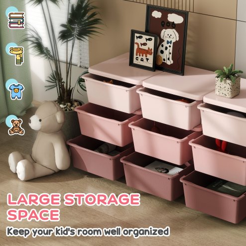 HOMCOM Kids Storage Units with 9 Drawers 3 Tier Chest Vertical Dresser Tower Toy Organiser for Nursery Playroom Kindergarten Pink