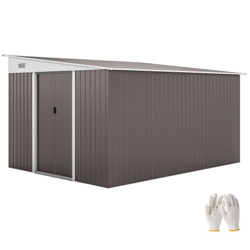 Outsunny 11.3 x 9.2ft Lean to Metal Garden Shed with Double Sliding Doors, Outdoor Galvanised Tool Storage House with 2 Air Vents, Grey