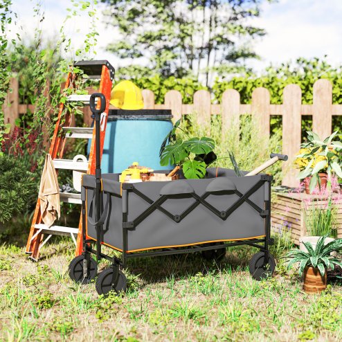 Outsunny 160L Festival Trolley on Wheels, Folding Camping Trolley Cart w/ Tailgate, 100kg Heavy Duty Garden Collapsible Folding Wagon w/Adjustable Handle, Carry Bag for Beach Picnic, Grey and Orange
